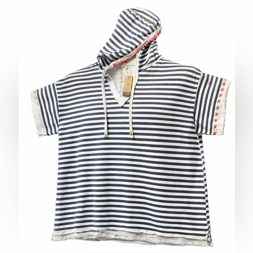 Oversized Organic Cotton Hooded Top, Star Appliqué Striped Boho Unisex Hoodie - Picture 6 of 14